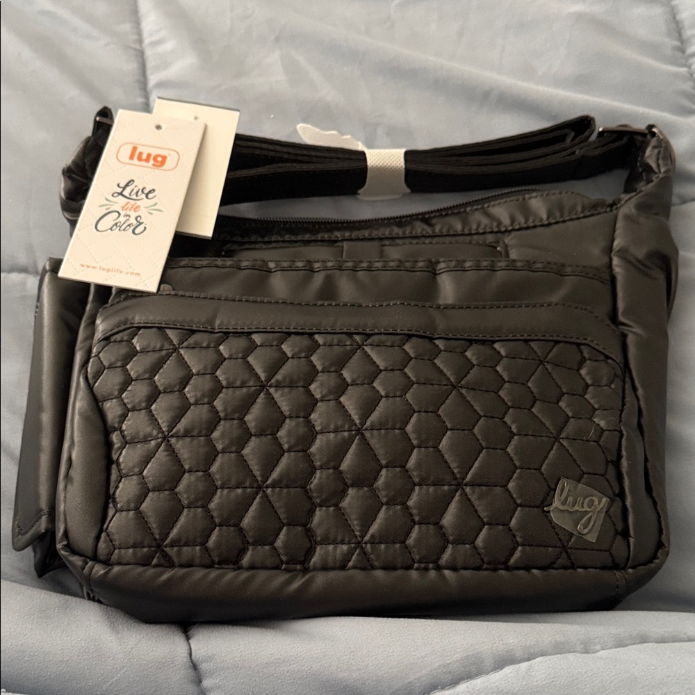 LUG Flutter SE Crossbody Bag W/Water Bottle Holder Multi Pocket Metallic Black
